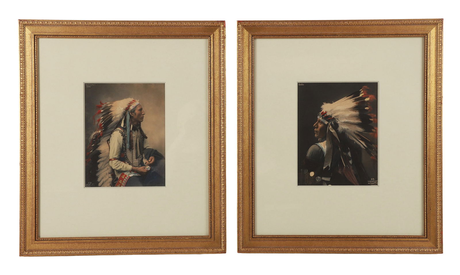 Heyn Studios (2) American Indians Photos "John Comes Again, 1899" and "Battle 1898": Heyn Studios (2) American Indians Photos "John Comes Again, 1899" and "Battle 1898", hand colored platinum prints, 8 5/8" x 6 5/8" sight, framed 19 3/4" x 17 1/4", very good condition, not inspected o