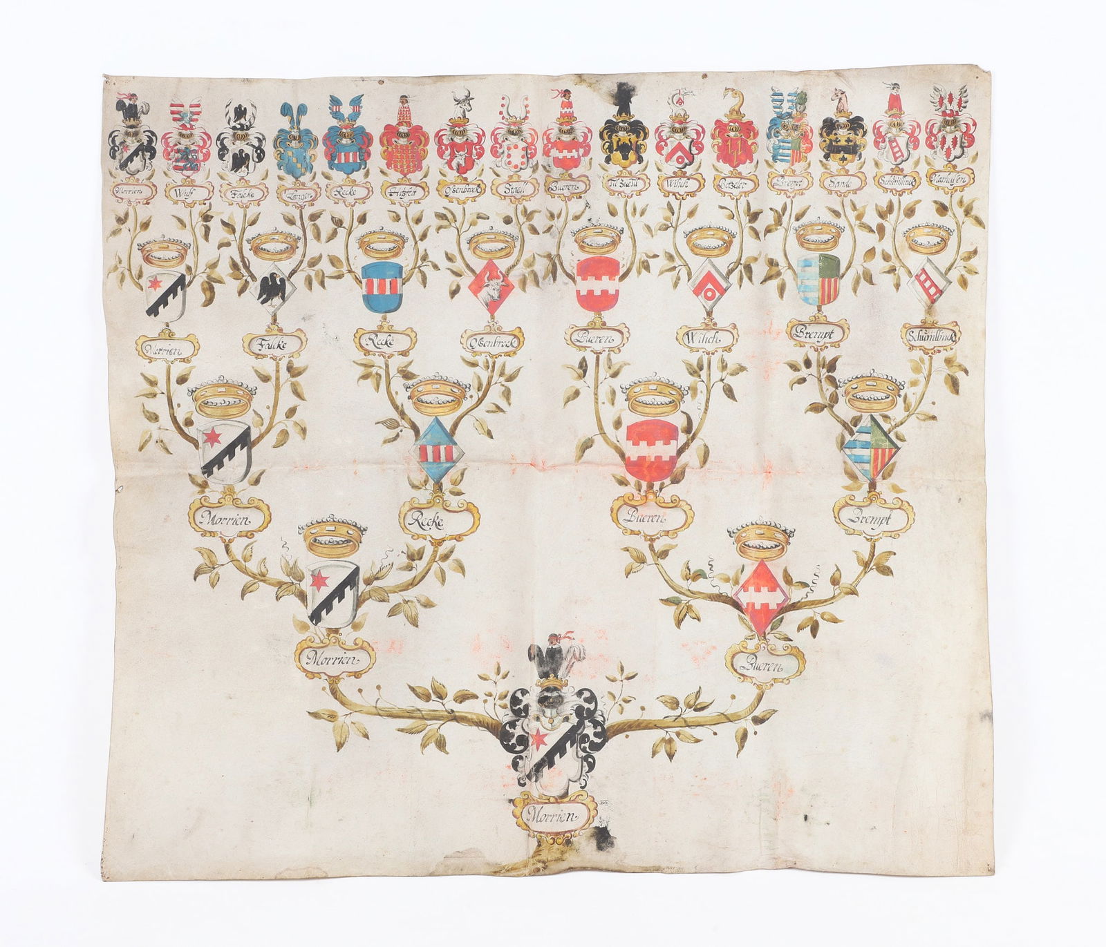 Hand Painted 18th C Heraldic Pedigree Tree: Hand Painted 18th C Heraldic Pedigree Tree, House of Morrien family pedigree, hand colored coat of arms of the Morrien family and (30) hand-colored shields of members of the family, names in rocaille