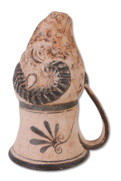 Grand Tour Terracotta Rhyton: Grand Tour Terracotta Rhyton, in the form of a rams head, incised decorations, in polychrome highlight, 10 1/4"H