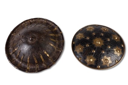 Pair Ethiopian Leather and Metal Mounted Shields