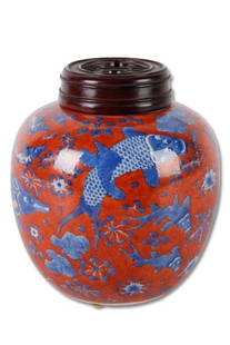 Chinese Coral Red Blue Underglaze Covered Jar: Chinese Coral Red Blue Underglaze Covered Jar, in fish and sea-life decoration, with pierced carved wood cover, replaced, 6-character mark to underside, 7 3/4"H to top of lid, no apparent damage, very
