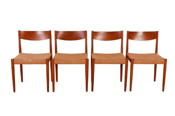 Set of (4) Poul Voltherfor Frem Rojle side chairs: Set of (4) Poul Volther for Frem Rojle Danish teak woven side side chairs, MCM, 1960s, 29"H x 19"W x 17"D, (2) chairs with discoloration to seats, (1) with wear to finish on back, (1) with some light