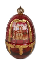 Theo Faberge Ruby Glass & Gilded "Encore Egg"