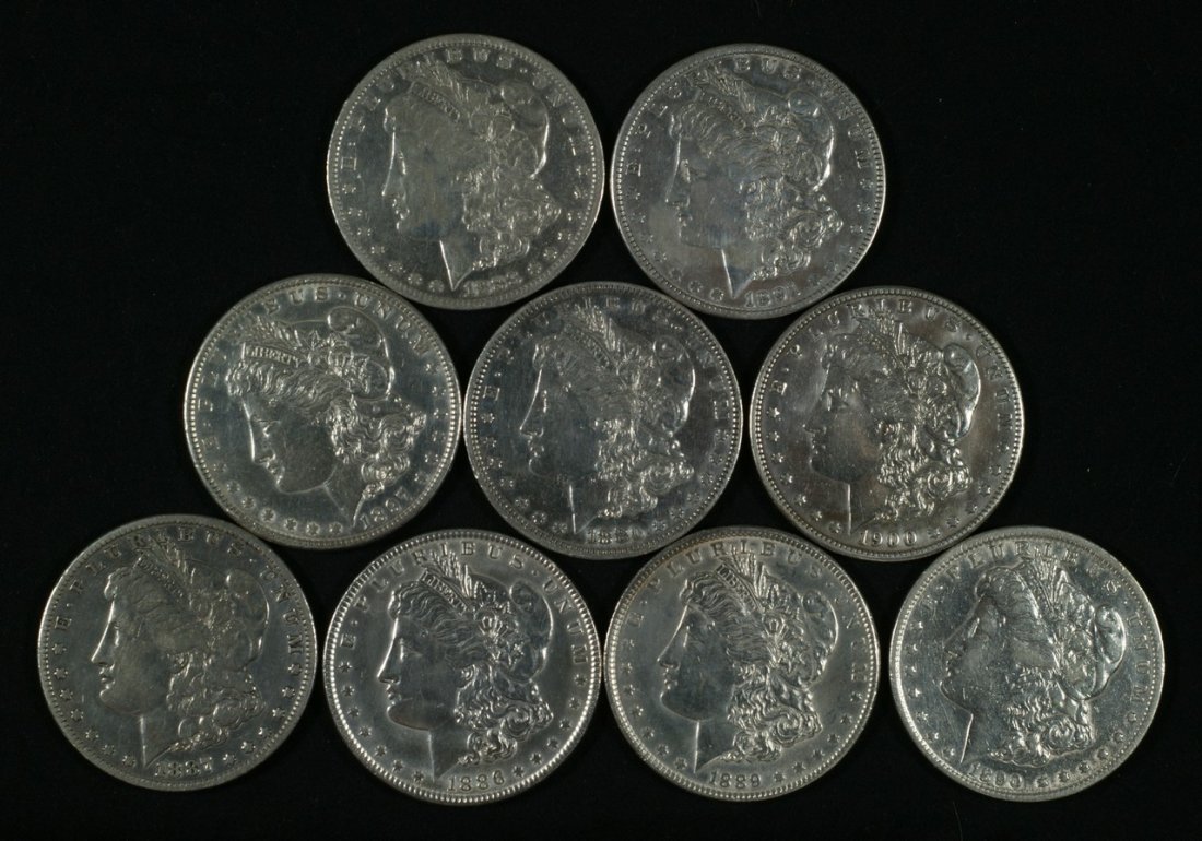 9 different "P" mint Morgan dollars, 1880-1900, mostly : 9 different "P" mint Morgan dollars, 1880-1900, mostly VG to EF