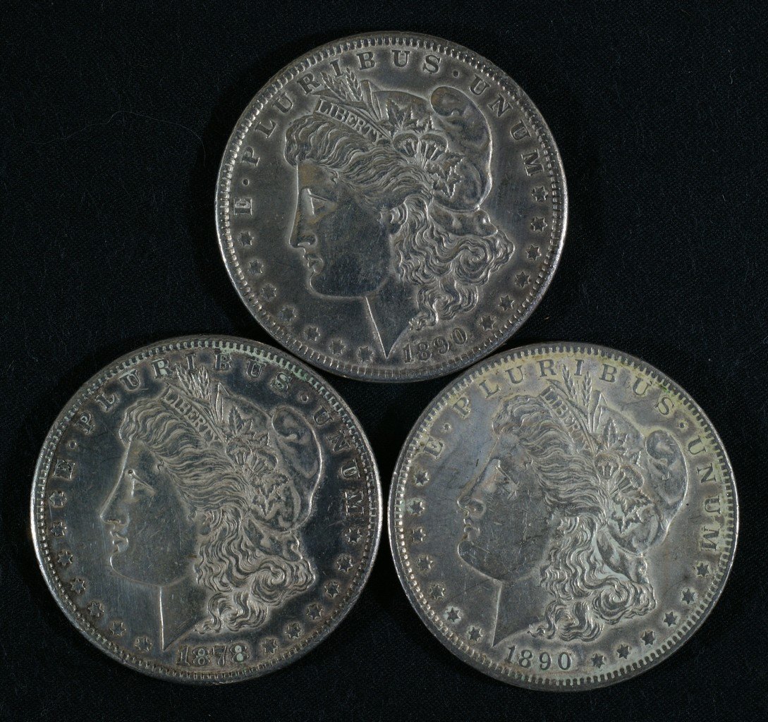 1878S and two 1890 Morgan dollars, EF: 1878S and two 1890 Morgan dollars, EF