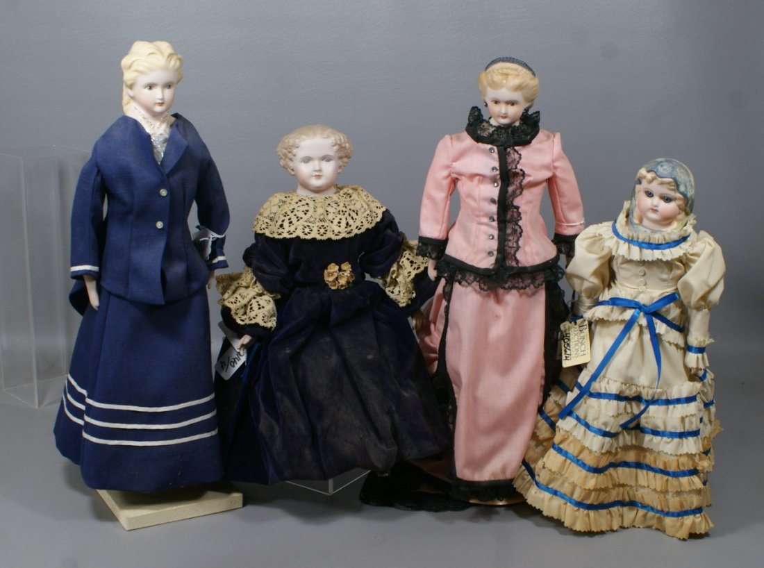 4 Reproduction German Parian Dolls, all are replicas of: 4 Reproduction German Parian Dolls, all are replicas of antique Parian dolls from 1870s and 1880s, 3 have painted eyes, doll with molded blue scarf has glass eyes, tallest 18"