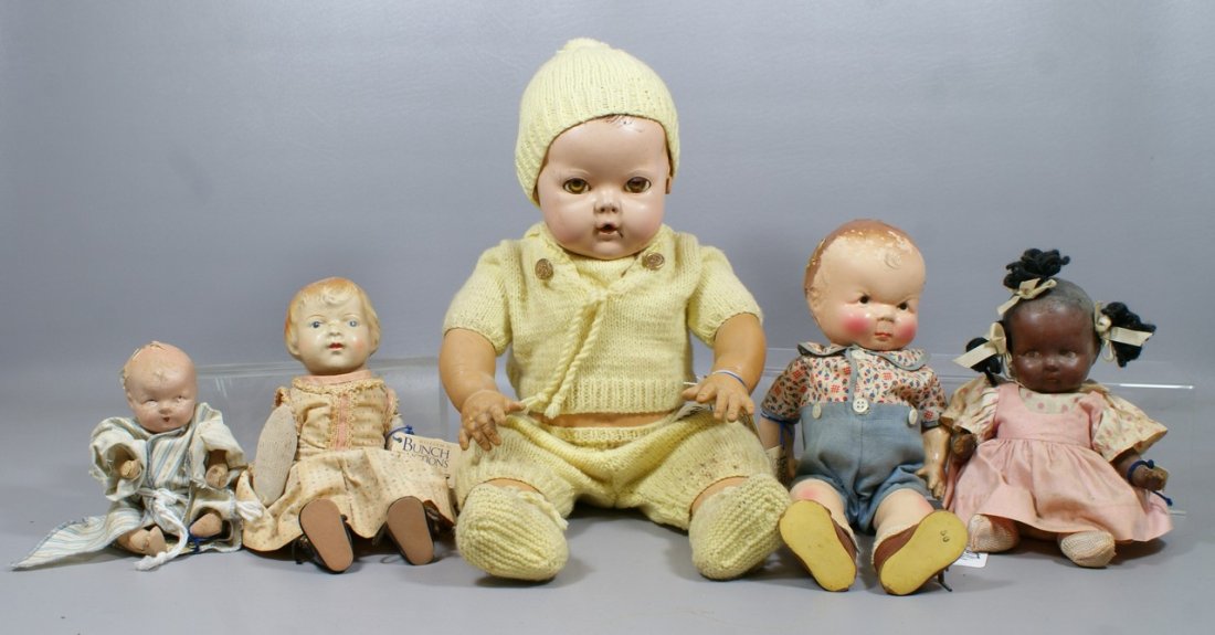 (5) 20th Century American Dolls, largest is a Eff-an-be: (5) 20th Century American Dolls, largest is a Eff-an-bee Dy-dee-baby, together with 4 compo dolls, all have varying degrees of deterioration, leg detached from smallest baby, tallest 19"