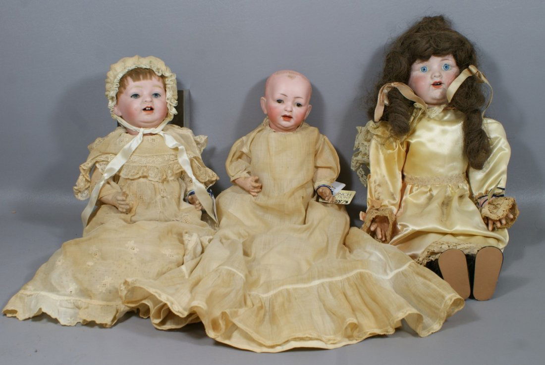 3 Bisque Head Baby Dolls, including a Hertel and Schwab: 3 Bisque Head Baby Dolls, including a Hertel and Schwab incised "142" with brown glass fixed eyes, open/close mouth on original 5-piece compo baby body, along with a Japanese Morimura Brothers baby, b