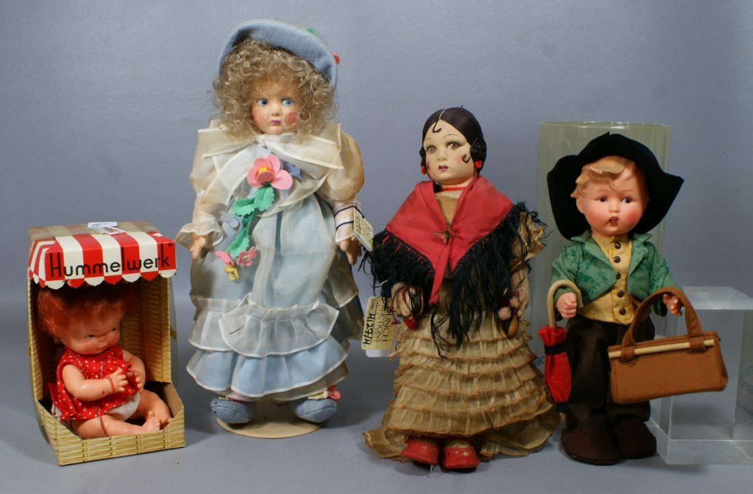 4 Mid 20th century dolls, including a cloth Lenci-type : 4 Mid 20th century dolls, including a cloth Lenci-type Spanish girl and a cloth Anili, and 2 Hummel dolls (boy carrying umbrella and seated baby with freckles), tallest 14"