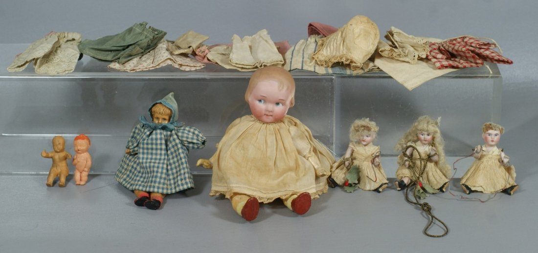 7 Miniature Dolls and Accessories to include a German b