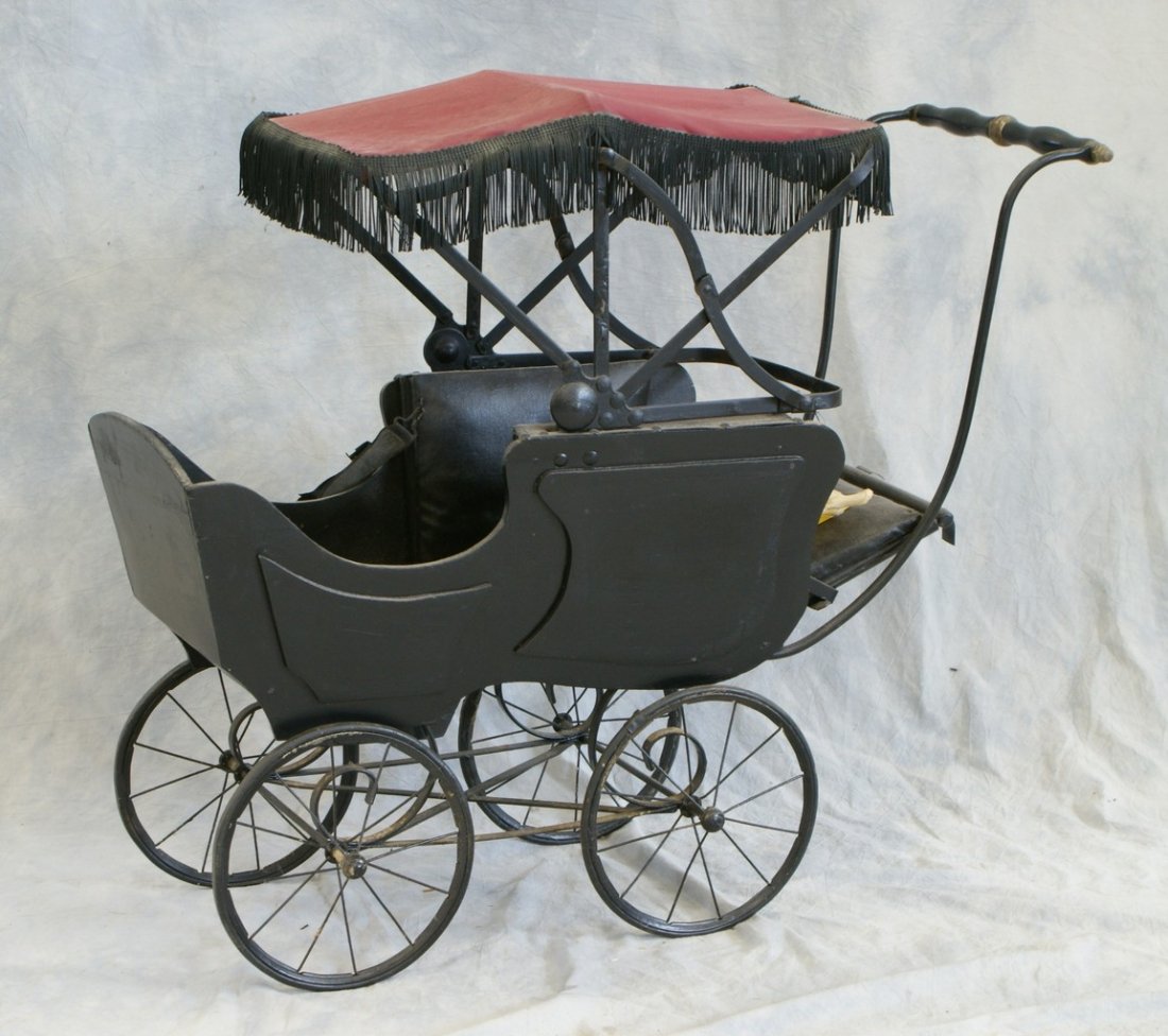 Wood and Metal Doll Carriage with reclining bed and ret: Wood and Metal Doll Carriage with reclining bed and retractable canopy, 26" h x 34" long