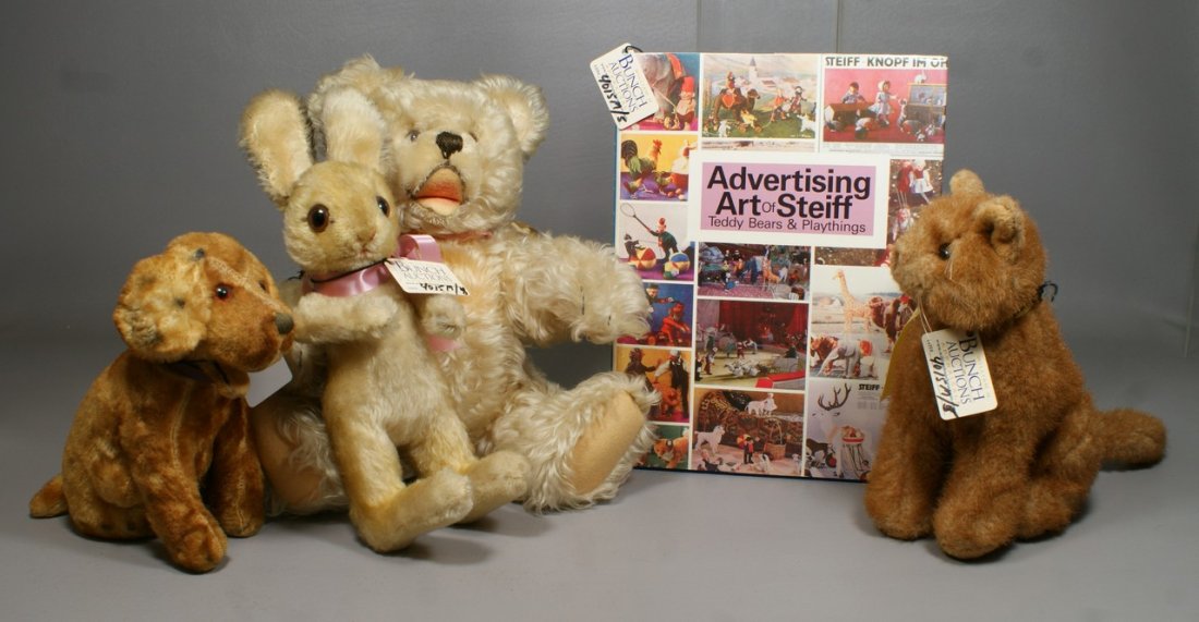 Advertising Art of Steiff Teddy Bears and Playthings" b: Advertising Art of Steiff Teddy Bears and Playthings" book by Dottie Ayers and Donna Harrison copyright 1991, together with 4 Vintage Stuffed Animals, including a mohair dog (made in japan), mohair ra