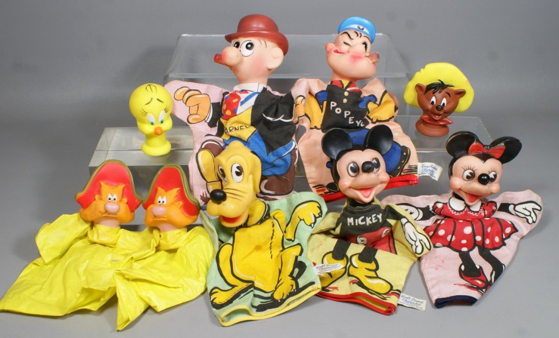 5 Gund Hand Puppets, including Walt Disney Characters M: 5 Gund Hand Puppets, including Walt Disney Characters Mickey Mouse, Minnie Mouse and Pluto, and King's Feature Characters Popeye and Barney together with 2 Warner Brother's Yosemite Sam, and the heads