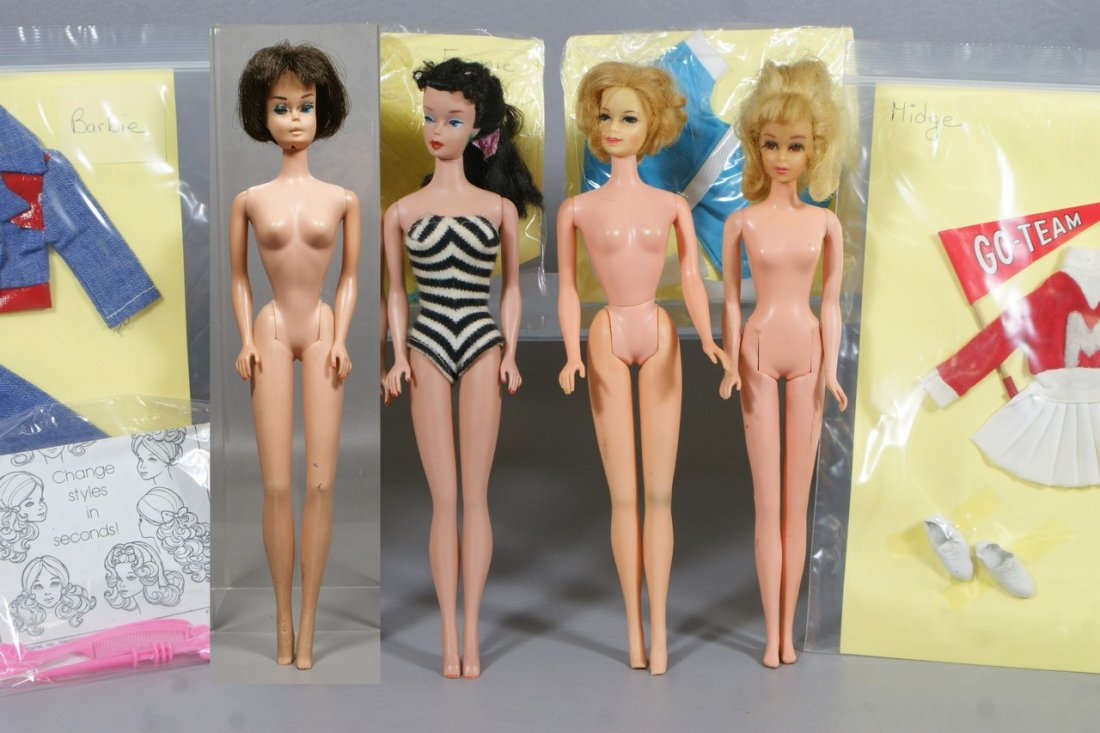 4 Barbie dolls by Mattel, 1 wearing black and white str: 4 Barbie dolls by Mattel, 1 wearing black and white striped bathing suit marked MCMXVIII on rear, one marked "1958 Mattel Inc US Patented US Pat. Pend." on rear end (stains on her face, slit on knee,