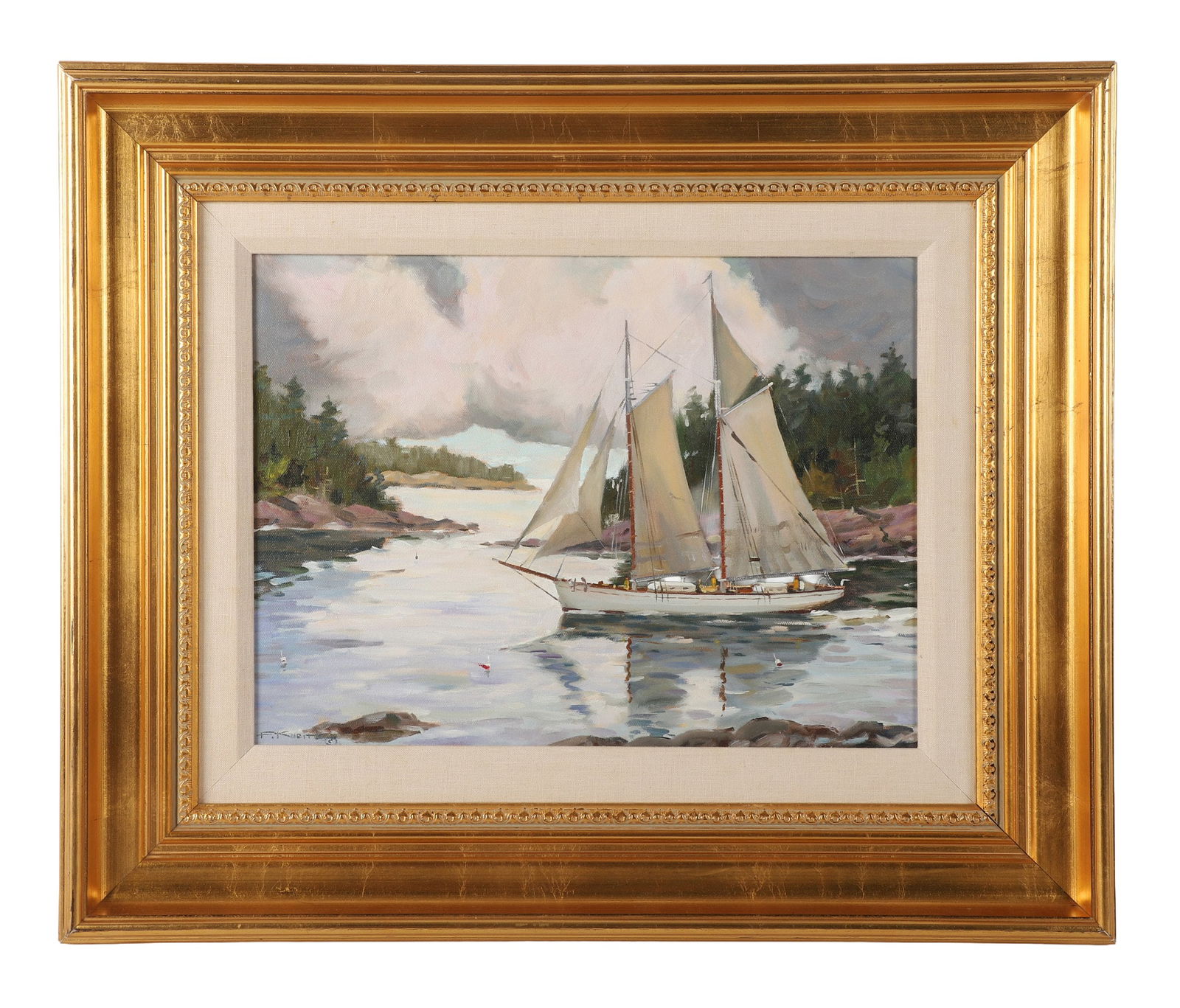 Frederick Kubitz "Schooner on Maine Coast": Frederick Kubitz, 20th-21st C American MA artist, "Schooner on Maine Coast", oil on canvas panel, signed "F. Kubitz", 12" x 16", framed 20" x 24", very good condition