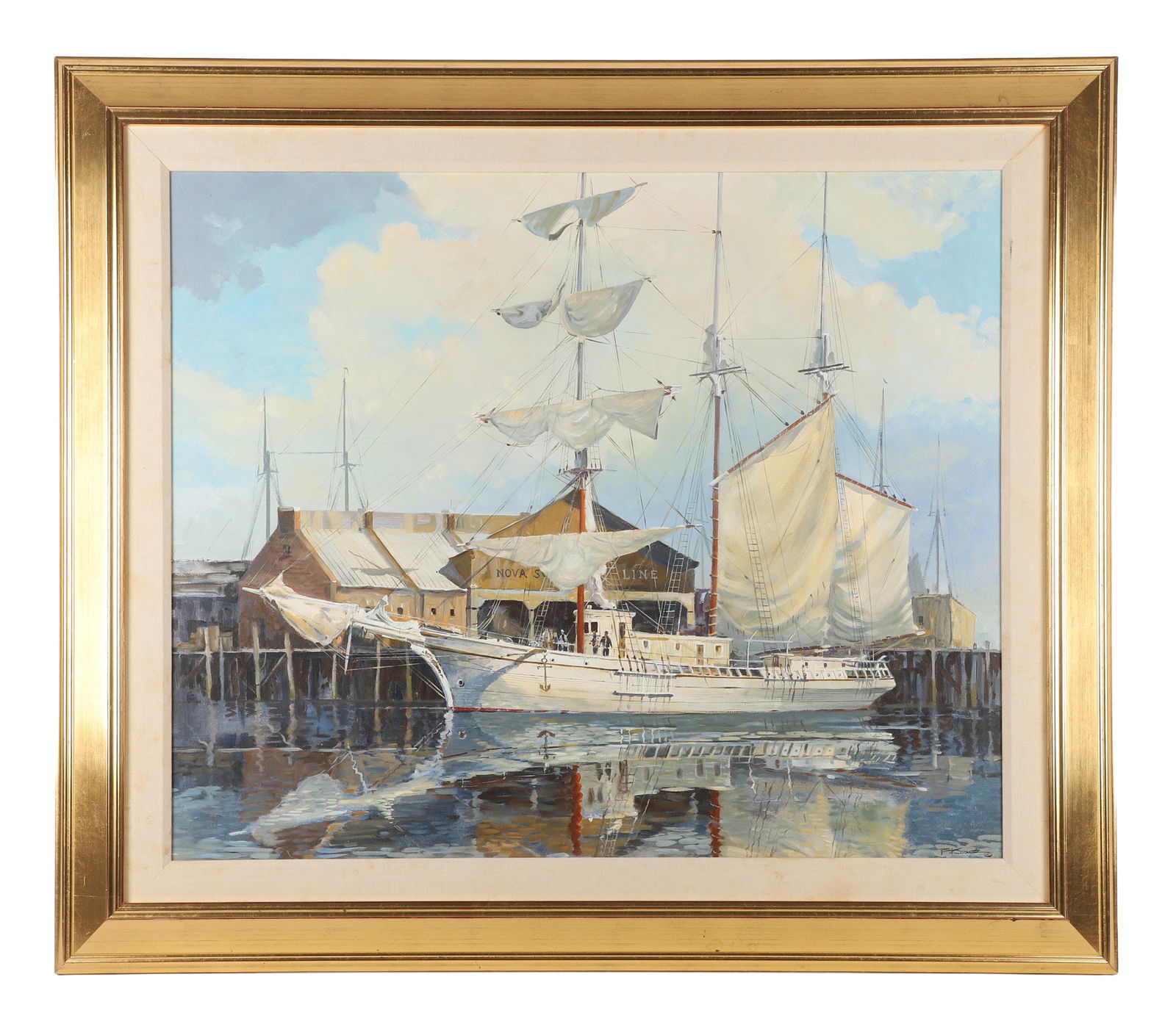 Frederick Kubitz "Morning Star in Boston Harbor": Frederick Kubitz, 20th-21st C American MA artist, "Morning Star in Boston Harbor" oil on canvas, signed F. Kubitz, 30" x 36", framed 39 1/4" x 45 1/4", very good condition