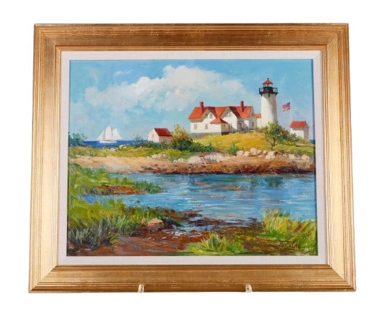 Rudolph Colao "Eastern Point Light, Gloucester": Rudolph Colao (American, 1927-2014) MA ME artist, "Eastern Point Light, Gloucester" oil on panel, signed "R. Colao", 16" x 20", framed 21" x 25", very good condition