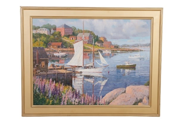 Frederick Kubitz "Lupine Rockport, Maine": Frederick Kubitz, 20th-21st C American, "Lupine Rockport, Maine" depicting a harbor scene with colorful flowers in the foreground, oil on canvas, signed "F. Kubitz '01", 30" x 40", framed 37 1/2" x 47