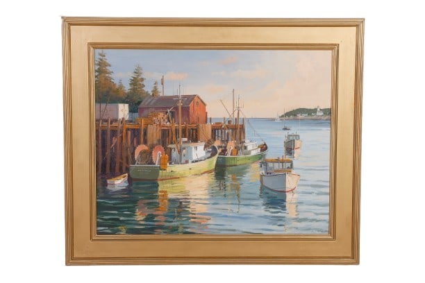 Frederick Kubitz "Two Trawlers, Port Clyde ME": Frederick Kubitz, 20th-21st C American, "Two Trawlers, Port Clyde, ME" depicting fishing boats near dock, oil on canvas, signed "F. Kubitz '01", 24" x 30", framed 31 1/2" x 37 1/2", very good conditio