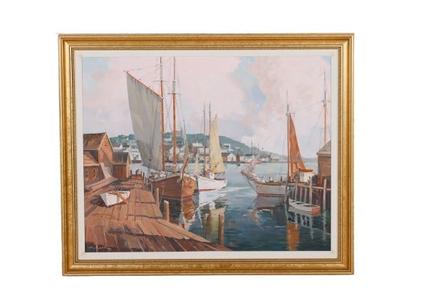 Frederick Kubitz "Gloucester MA circa 1910": Frederick Kubitz, 20th-21st C American, "Gloucester MA circa 1910" depicting a busy harbor scene, oil on canvas, signed "F. Kubitz", 24" x 30", framed 29" x 35", very good condition