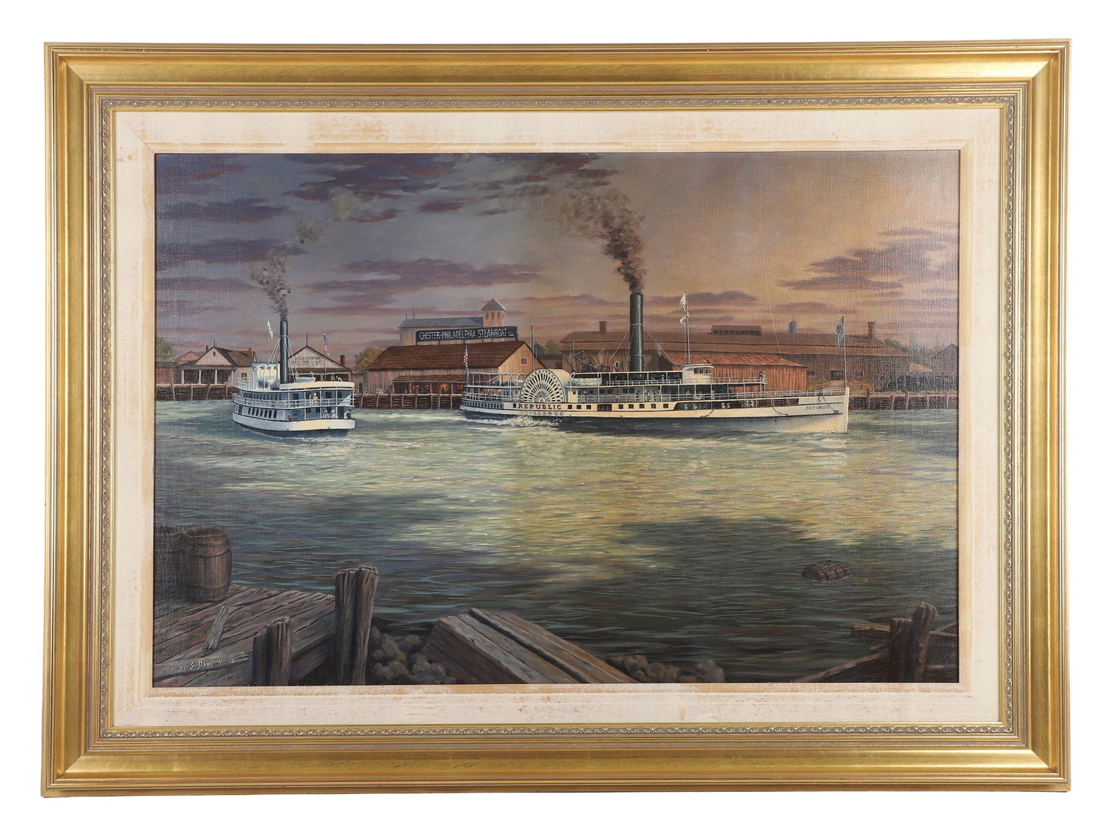 William S Dawson "Steamboat Republic in Chester Port": William S Dawson, 20th-21st C American PA DE artist, "Steamboat Republic in Chester Port" depicting the 19th C. steamer by the Chester and Philadelphia Steamboat Co., oil on canvas, signed "W.S. Dawso