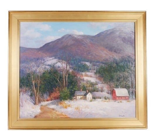 Rudolph Colao "Vermont Autumn Snow": Rudolph Colao (American, 1927-2014) MA ME artist, "Vermont Autumn Snow" depicting a snow covered valley landscape, oil on canvas signed "R. Colao", 30" x 36", framed 36" x 42", very good condition