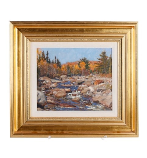 Ronal Parlin "Mountain Clear, Kingfield, Maine": Ronal Parlin (American, b 1956) ME artist, depicting the Carrabassett River in autumn, oil on panel, signed "Ronal Parlin", inscribed on reverse, 10" x 12", framed 17 1/2" x 19 1/2", very good conditi