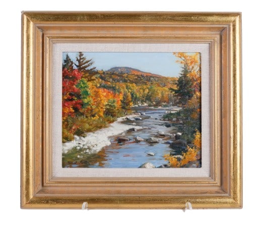 Ronal Parlin "Carrabassett Valley": Ronal Parlin (American, b 1956) ME artist, depicting the Carrabassett River in autumn, oil on panel, signed "Ronal Parlin", inscribed on reverse, 10" x 12", framed 16" x 18", very good condition