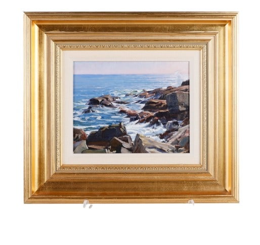 Ronal Parlin "Schoodic Point, Acadia": Ronal Parlin (American, b 1956) ME artist, "Schoodic Point, Acadia" depicting a rocky coastal scene at Acadia national Park in Maine, oil on panel, signed "Ronal Parlin", inscribed on reverse, 8" x 10