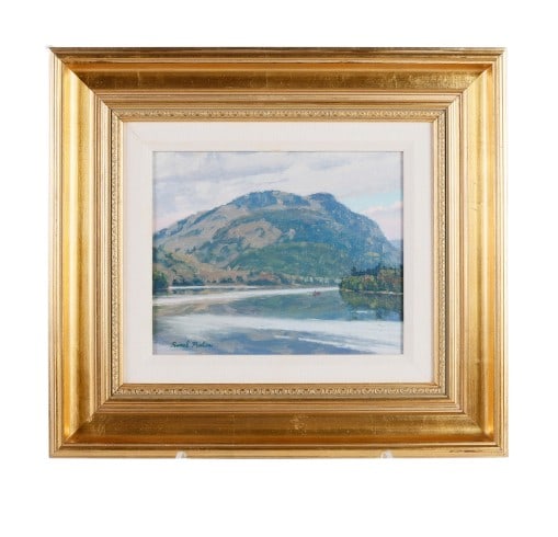 Ronal Parlin "Nahmakanta Lake, Maine": Ronal Parlin (American, b 1956) ME artist, "Nahmakanta Lake, Maine" depicting a landscape with mountain and lake in Millinocket, Maine, oil on panel, signed "Ronal Parlin", inscribed on reverse, 9" x 