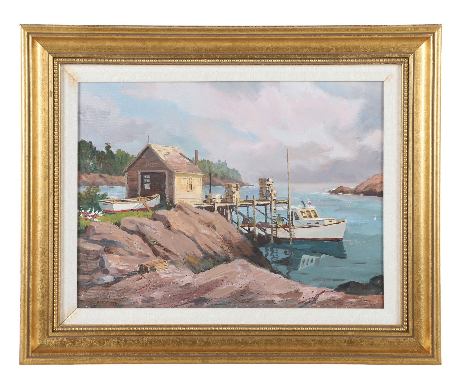 Frederick Kubitz "Lobersterman's Wharf": Frederick Kubitz (American, b 1928) MA ME artist, "Lobsterman's Wharf", oil on canvas, signed "F. Kubitz", 12" x 16", framed 17 1/8" x 21 1/8", very good condition