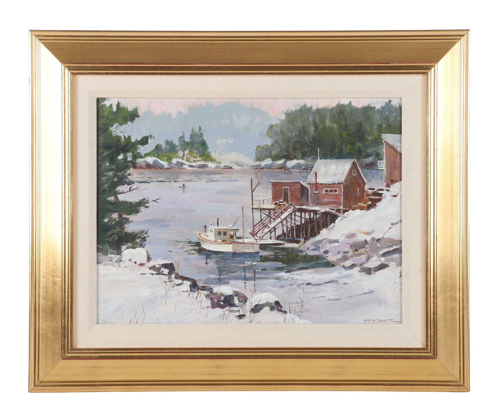 Frederick Kubitz "Lobster Shack in Winter": Frederick Kubitz (American, b 1928) MA ME artist, "Lobster Shack in Winter", oil on canvas, signed "F. Kubitz", 12" x 16", framed 181/8" x 22 1/8", very good condition