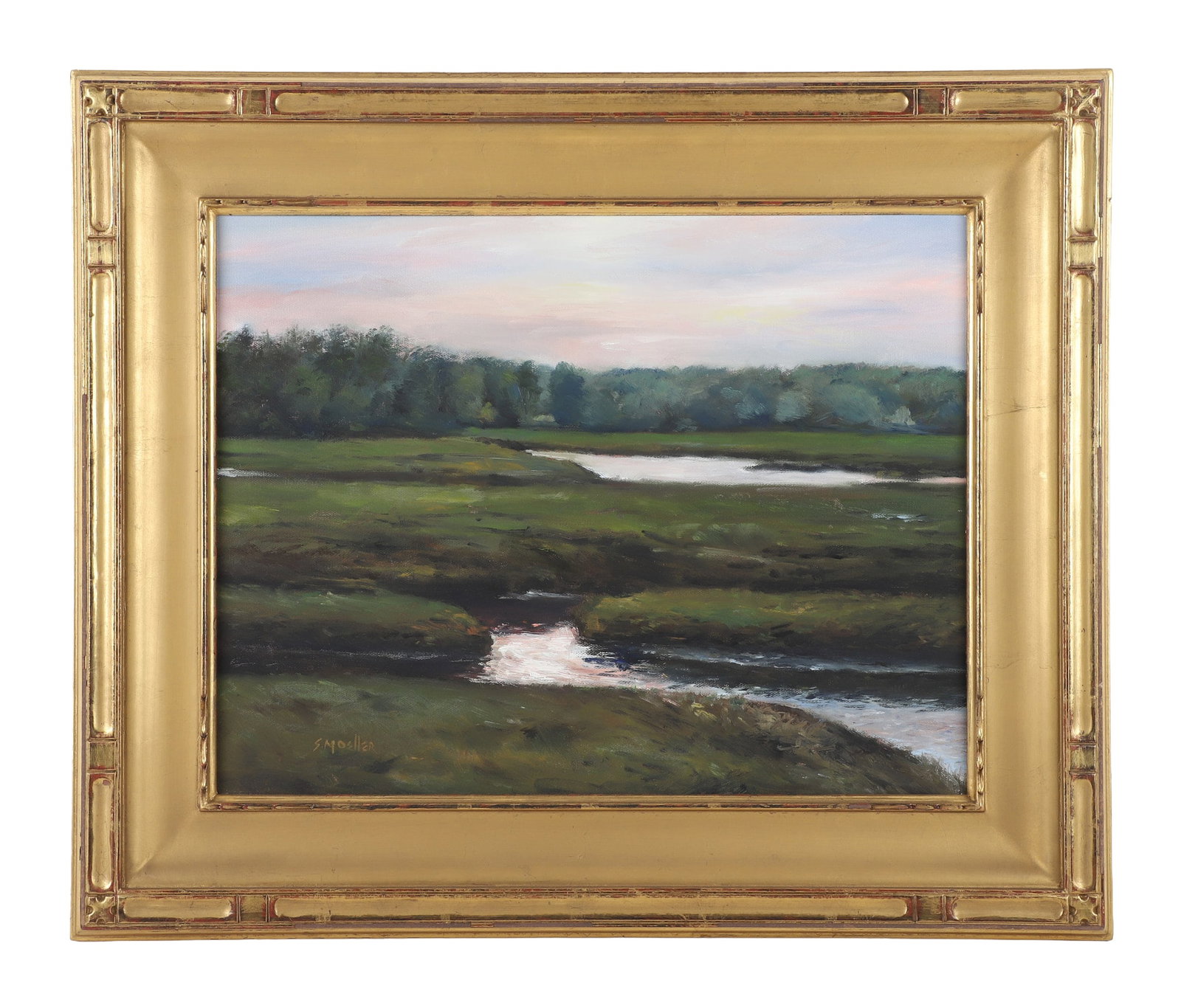 Stan Moeller "Rachel Carson Wildlife Reserve, Maine": Stan Moeller (American, b 1952) "Rachel Carson Wildlife Reserve, Maine" depicting the reserve in York, Maine, oil canvas, signed "S. Moeller", housed in custom Arts & Crafts style carved gilt frame, 1
