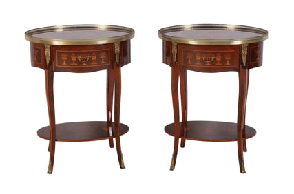 Pair French style inlaid 2-tier side tables