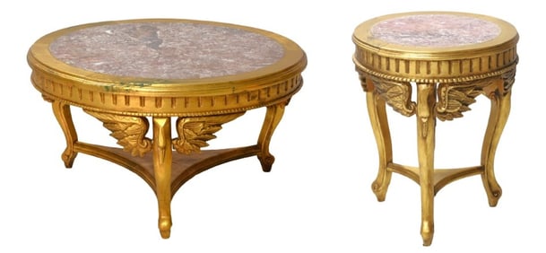 (2) Regency style marbletop gilt tables