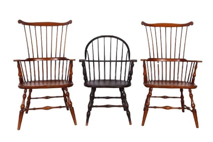 Pair +(1) Vintage braceback Windsor style armchairs