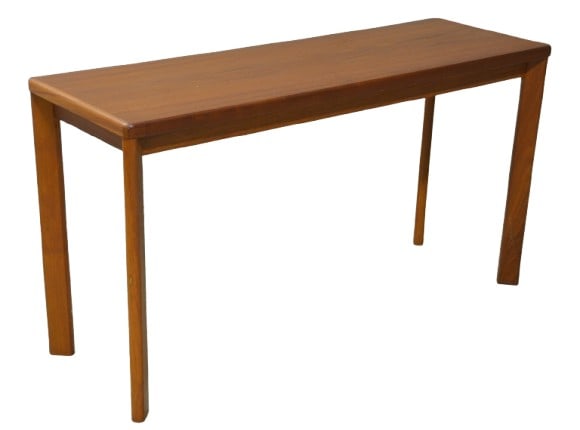 Vejle Stole-og Mobelfabrik Danish Modern console table: Vejle Stole-og Mobelfabrik Danish Modern console table, teak, rounded rectangular tops, inset legs, 28"H x 53"W x 18"D