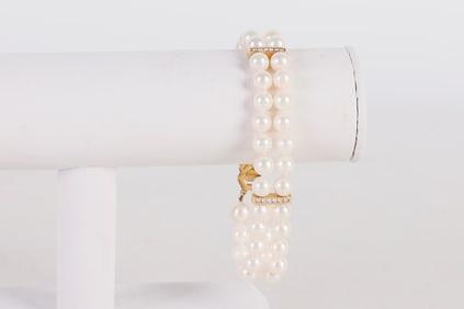 14K Diamond and Pearl Double Strand Bracelet
