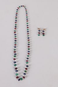 Carved Natural Ruby, Emerald and Sapphire Necklace