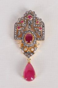 Gold Vermiel, Ruby and Rose Cut Diamond Pendant