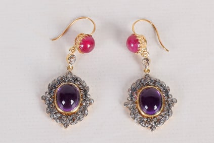Amethyst, Ruby and Rose Cut Diamond Earrings