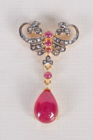 Gold Vermiel, Ruby and Rose Cut Diamond Pendant
