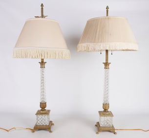 Pair of French gilt bronze cut crystal Neoclassical columnar table lamps