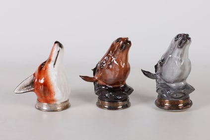 (3) Horse and Fox Head Stirrup Cups and Case