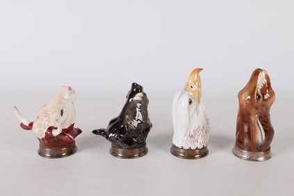 (4) Hand Painted Porcelain Animal Head Stirrup Cups