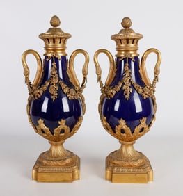 Pair 19th C. Bronze Mounted Porcelain Cassolette