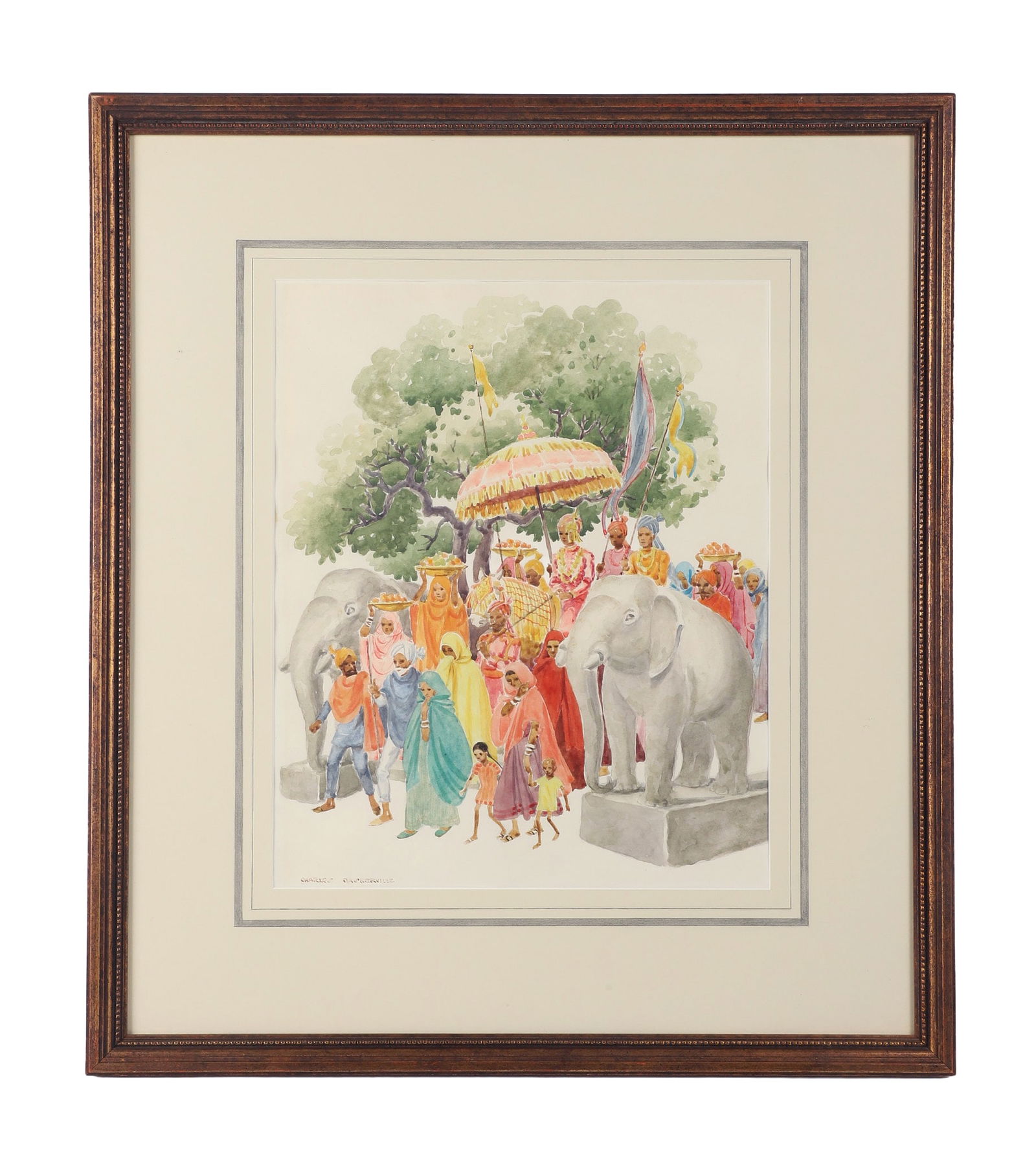 Charles Baskerville "Bridegroom in Jaipur": Charles Baskerville (American, 1896-1994) "Bridegroom in Jaipur" depicting a wedding procession in Rajasthan, India, watercolor on paper, signed "Charles Baskerville", label on reverse from Palm Beach