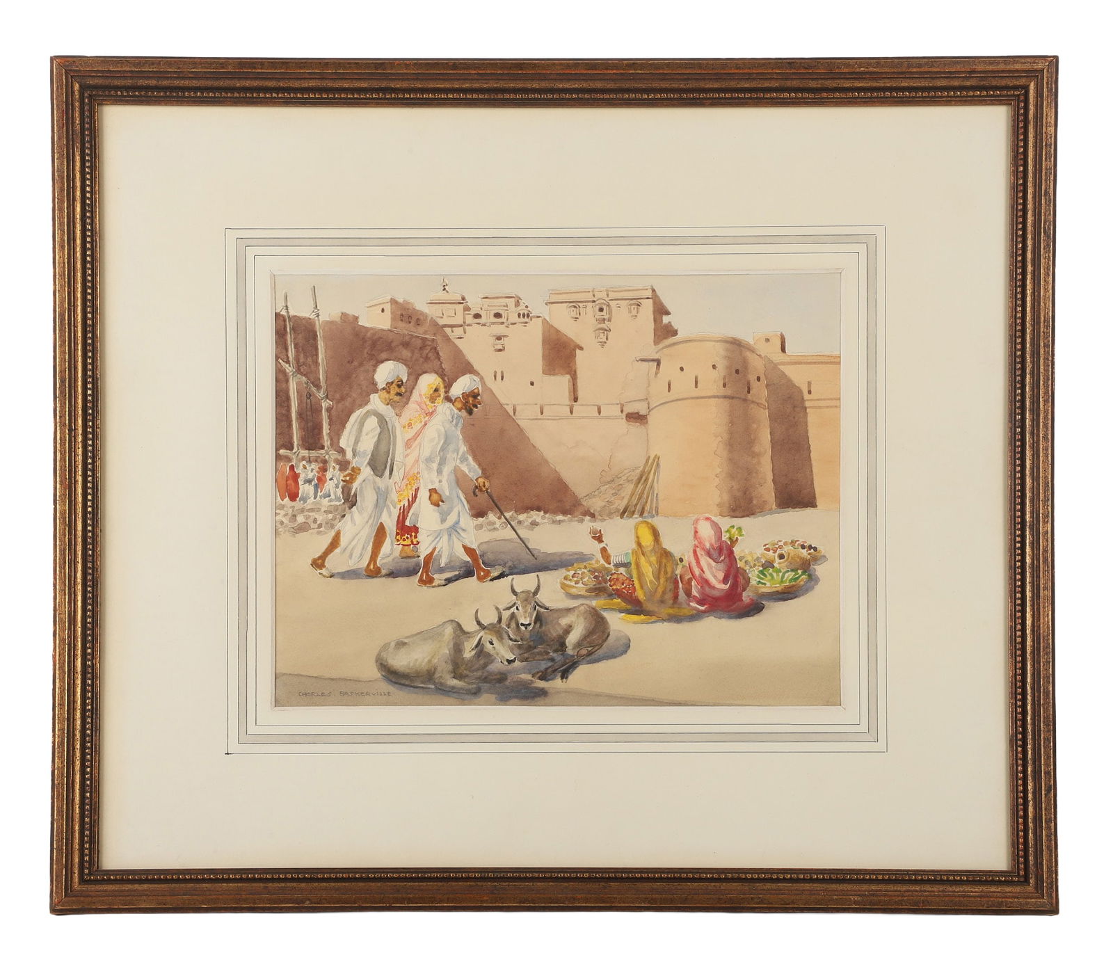 Charles Baskerville "Mending the Jaisalmer Ramparts": Charles Baskerville (American, 1896-1994) "Mending the Jaisalmer Ramparts" depicting vendors outside city walls under repair, watercolor on paper, signed "Charles Baskerville", label on reverse from E
