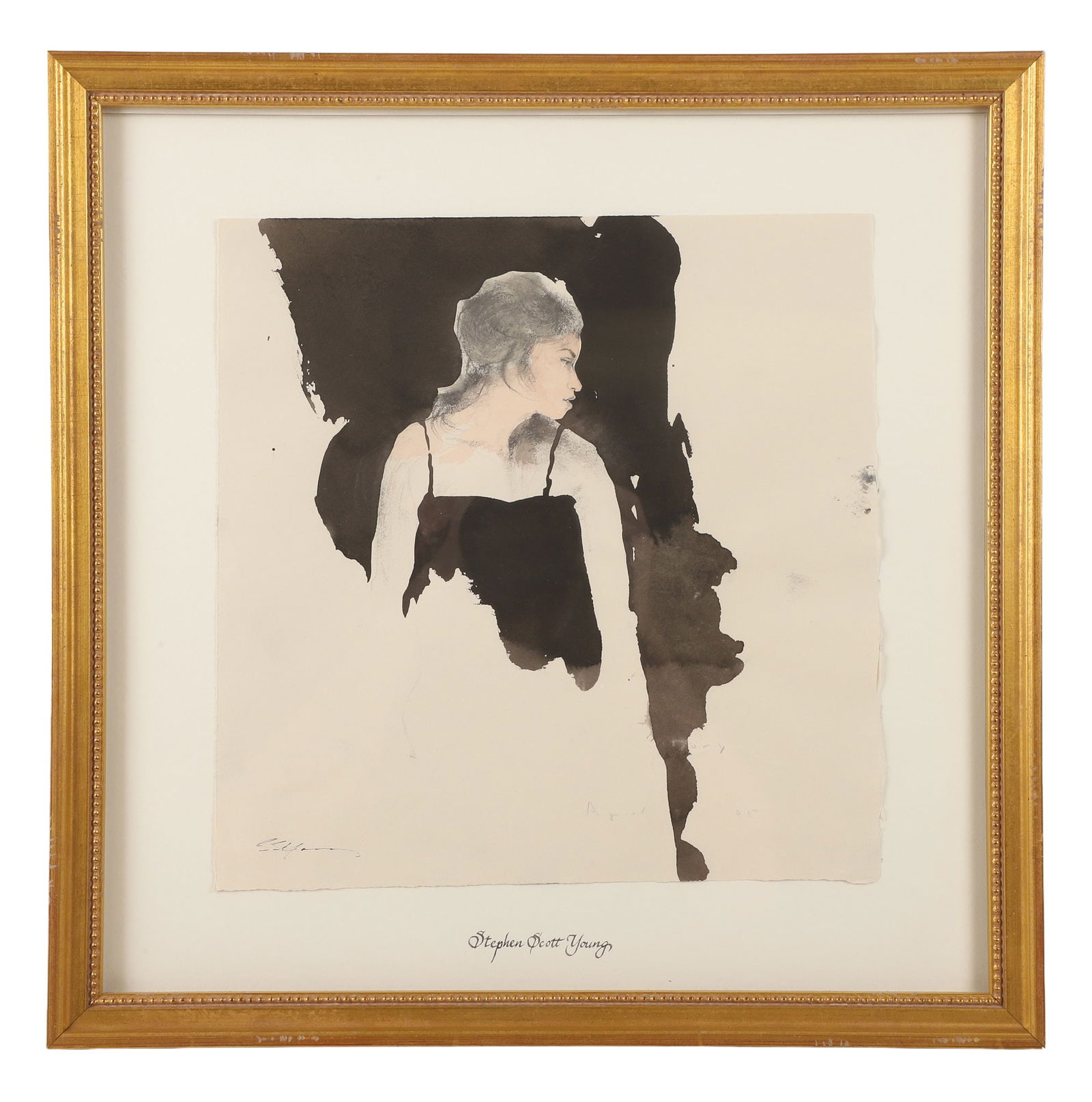 Stephen Scott Young Study for "Tory": Stephen Scott Young (American, b 1957) Study for "Tory" depicting a young woman in a black dress, ink and watercolor on paper, signed "S. S. Young", 11 1/2" x 11 1/2", framed 17" x 17", excellent cond