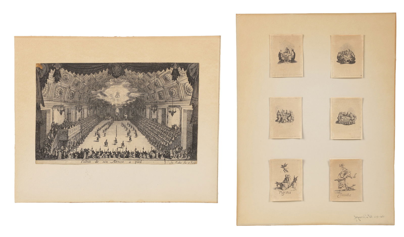 Jacques Callot (7) Old Master Prints: Jacques Callot (French, 1592-1635) (7) Old Master prints, "Entree de Son Altesse a Pied", (4) from "Les Quatre Banquets", and (2) from "Les Peches Capitaux", etchings on laid paper, states unknown, la